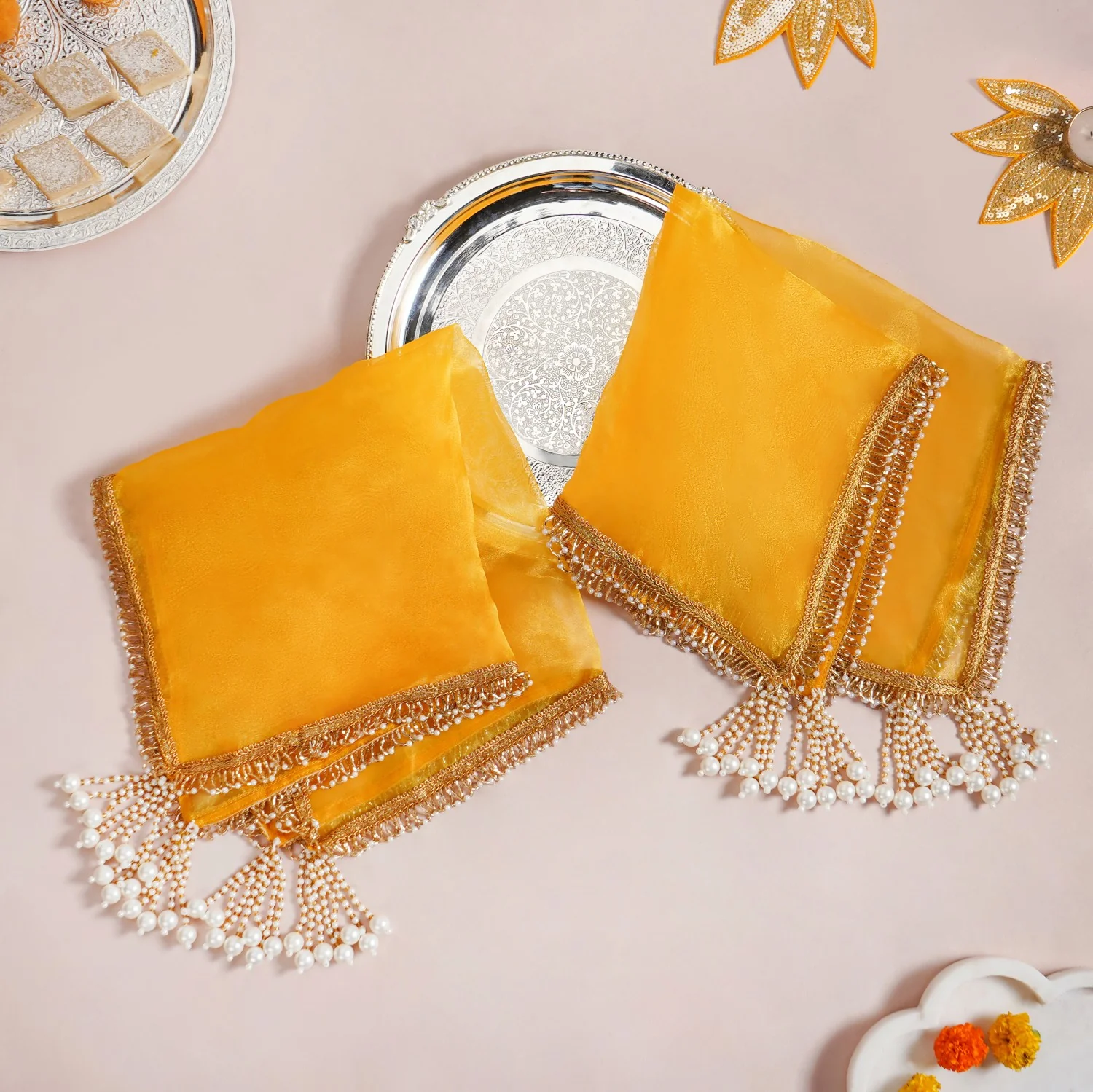 Tasselled Organza Thali Cover Yellow Set Of 2 - Image 9