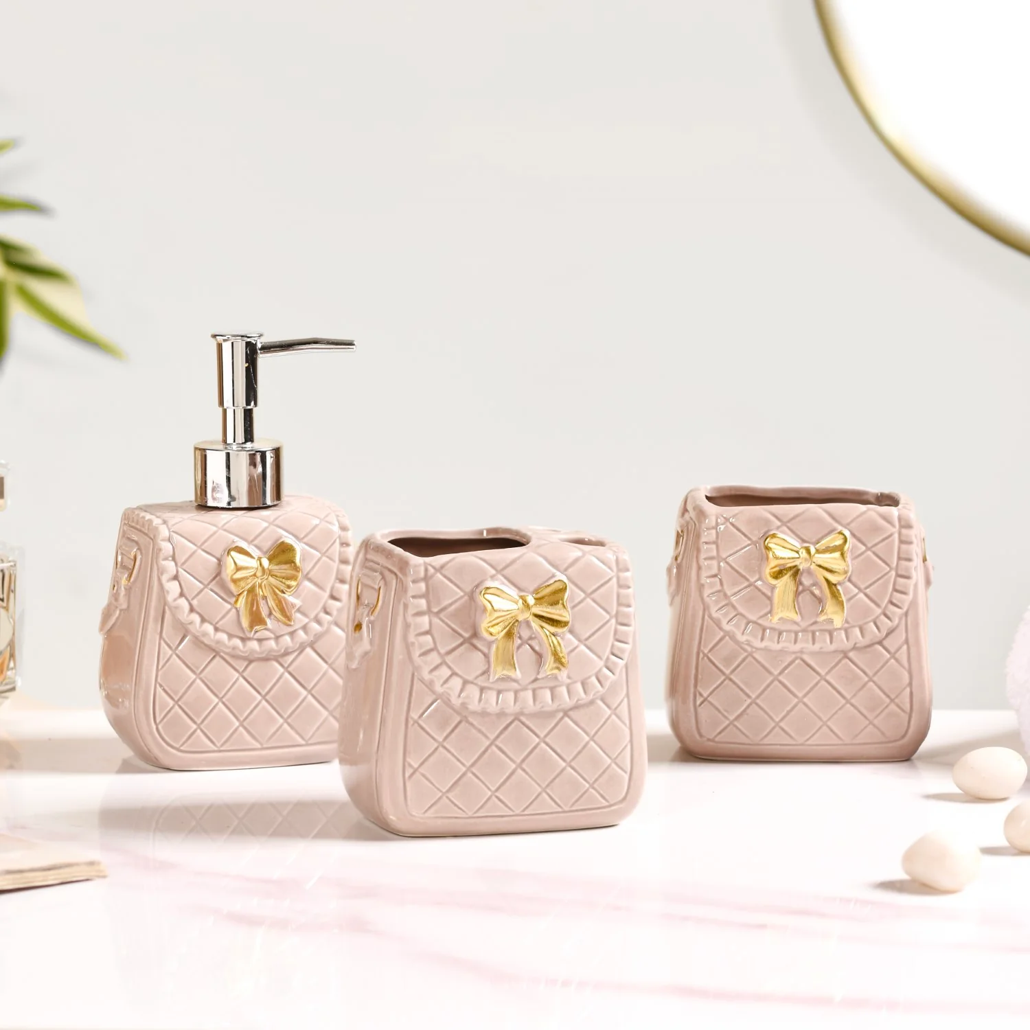 Taupe Gold Bow Accented Bath Accessories Set Of 3 - Image 2