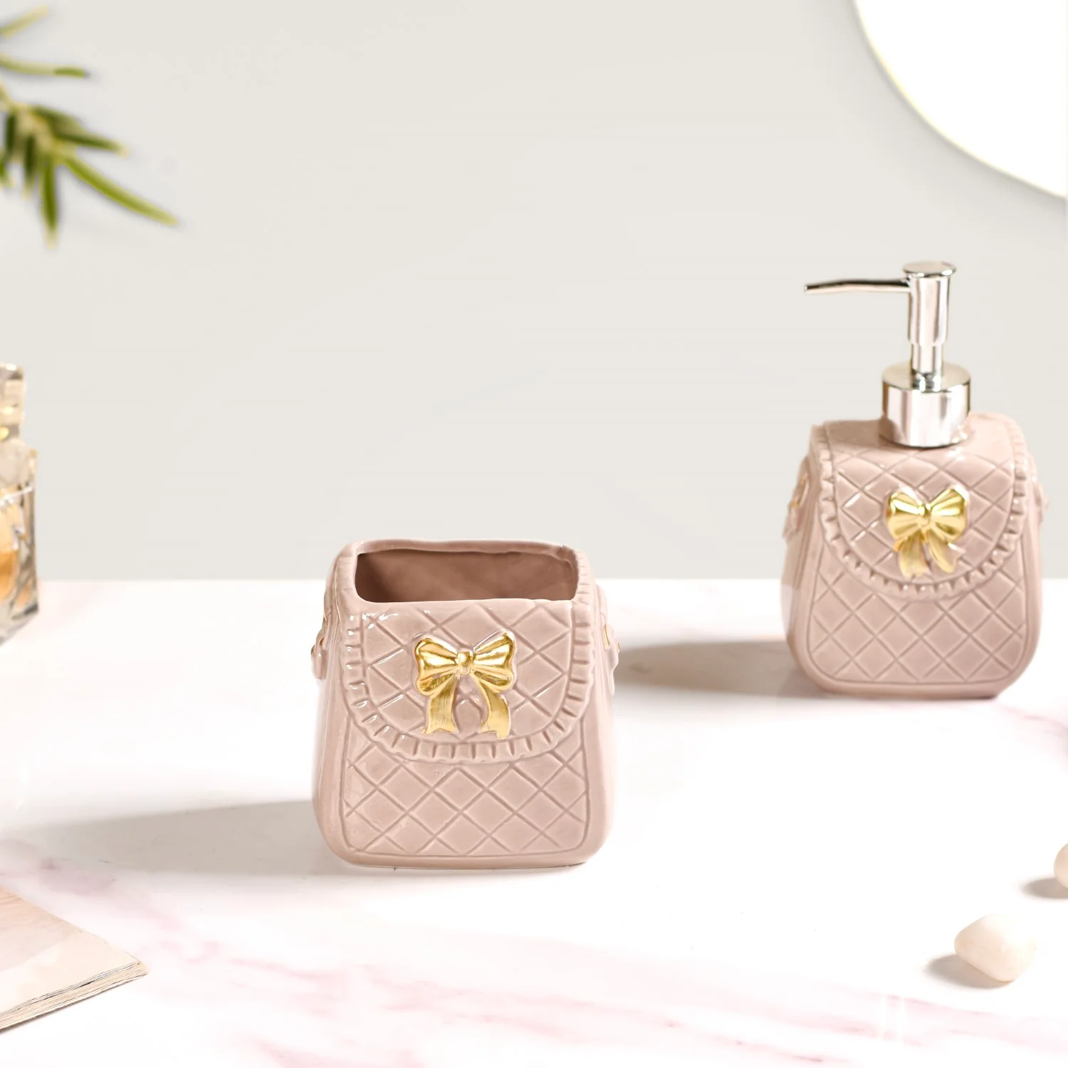 Taupe Gold Bow Accented Bath Accessories Set Of 3 - Image 9