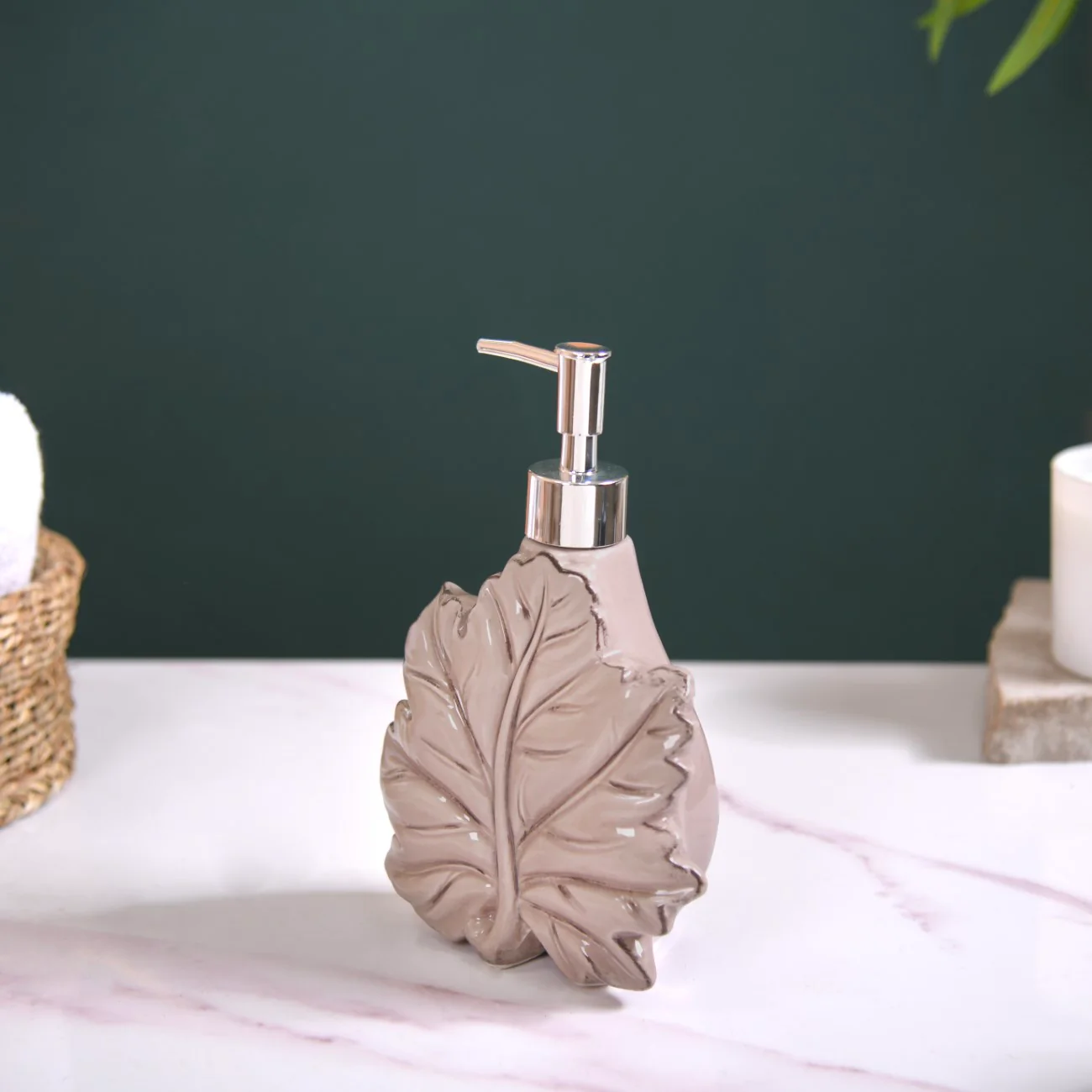 Taupe Leaf Shaped Ceramic Soap Dispenser - Image 3