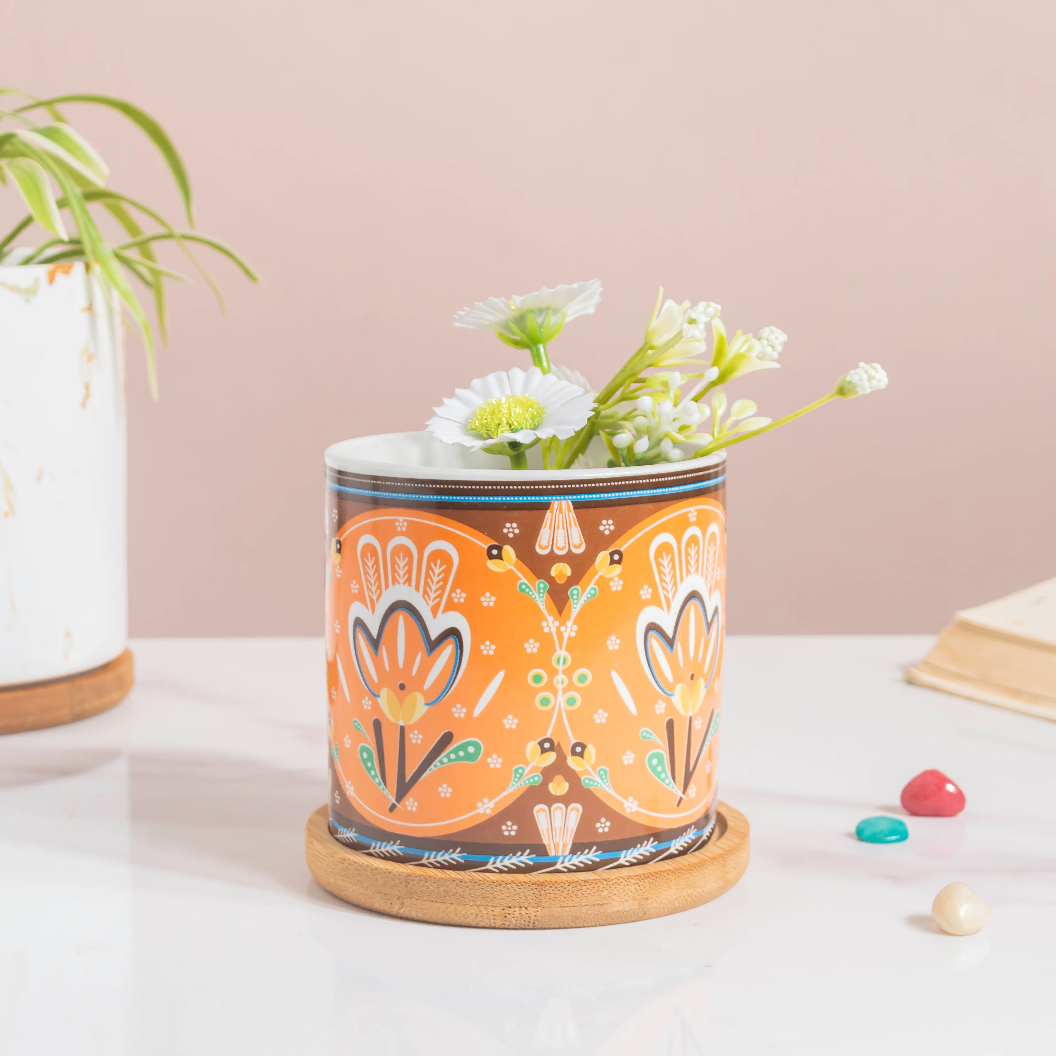 Tawny Tango Bloom Fiesta Botanical Planter With Wooden Coaster - Image 2