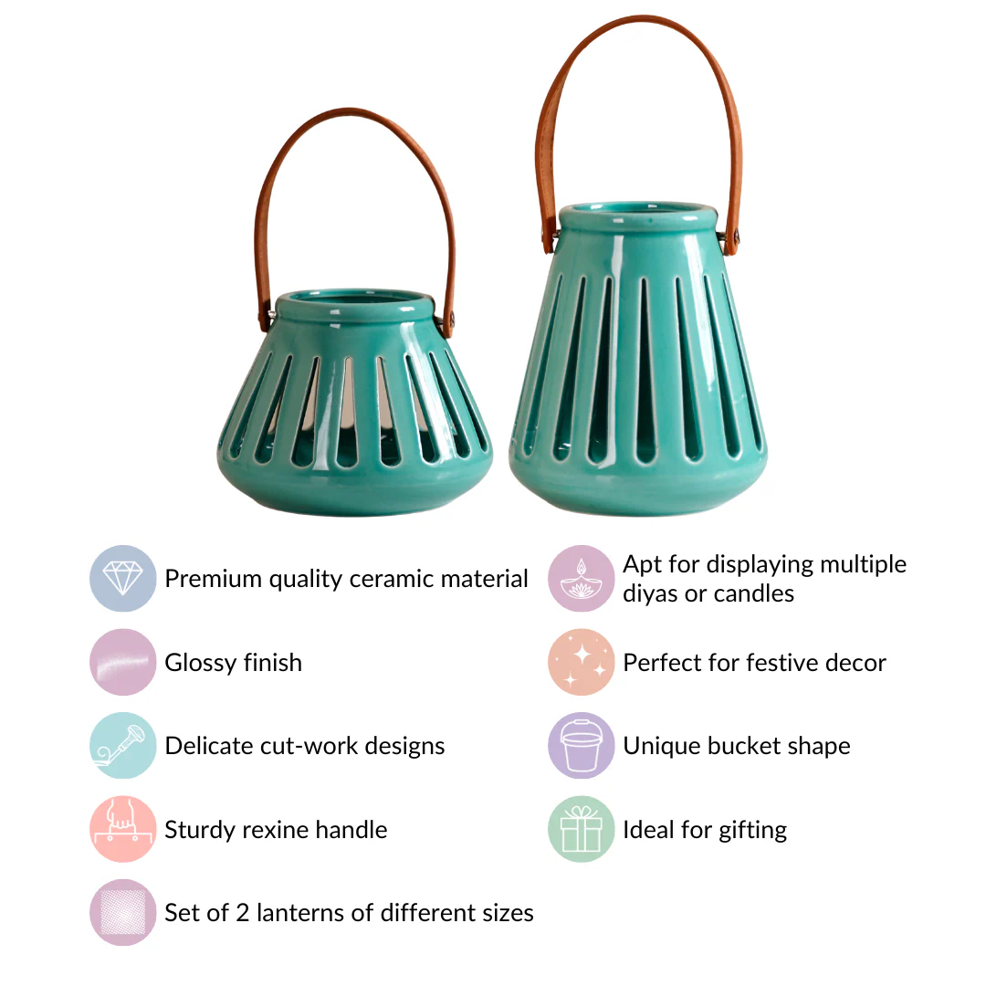 Teal Decorative Ceramic Lantern Set of 2 - Image 11