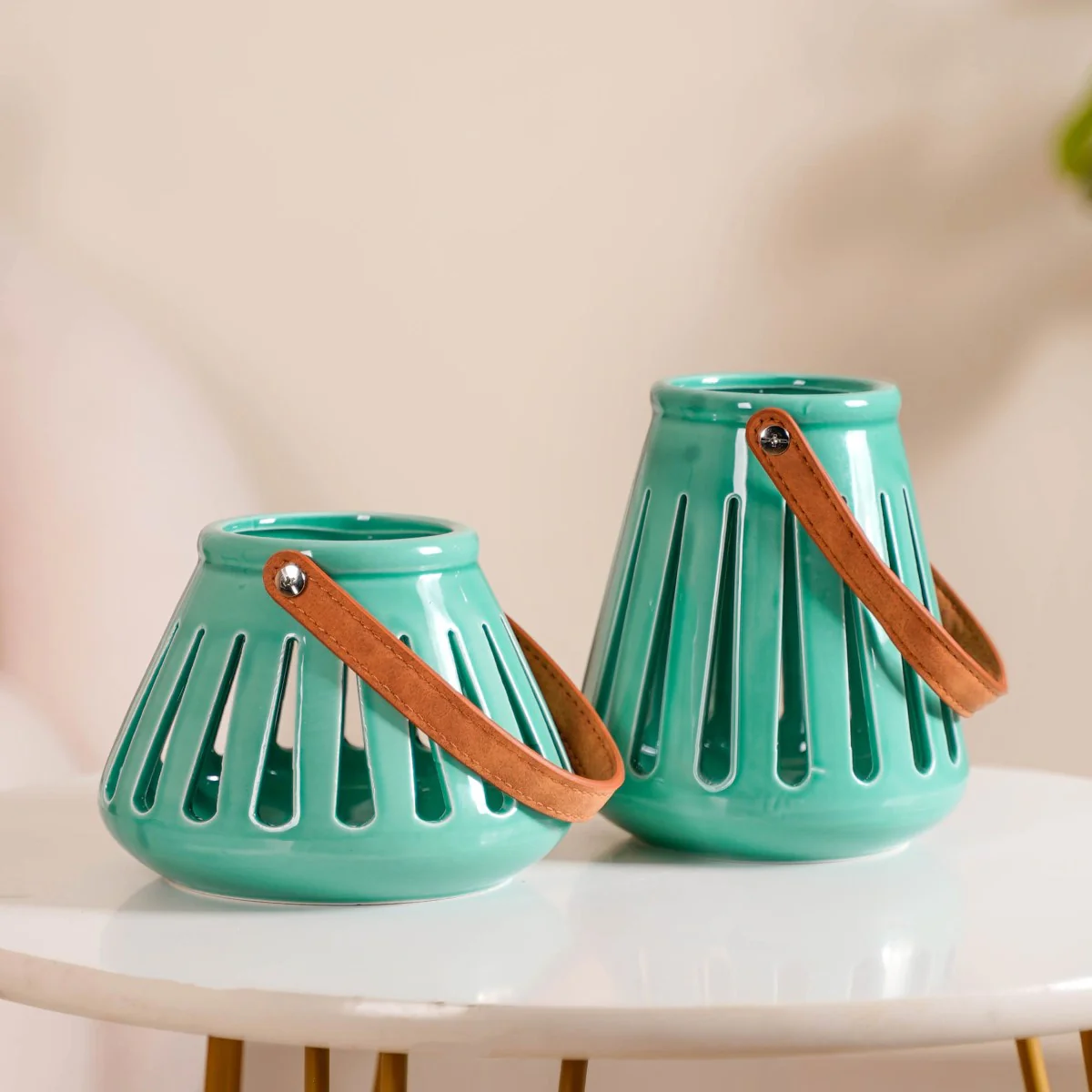 Teal Decorative Ceramic Lantern Set of 2 - Image 3