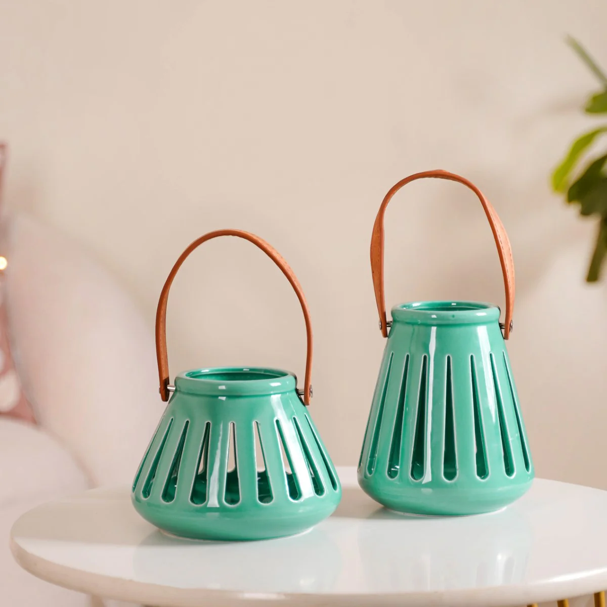 Teal Decorative Ceramic Lantern Set of 2 - Image 9