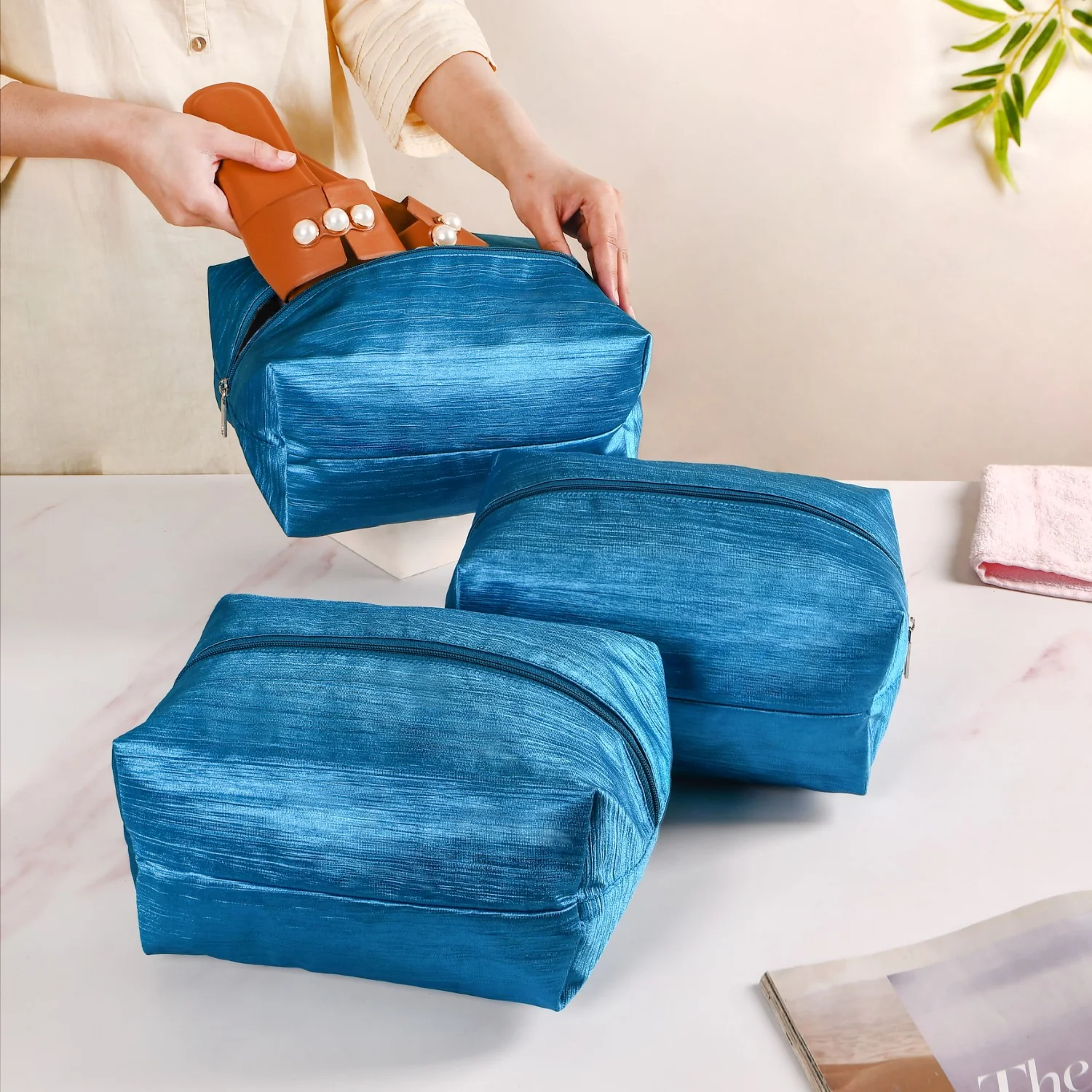 Teal Zippered Travel Shoe Bags Small Set Of 3 - Image 2