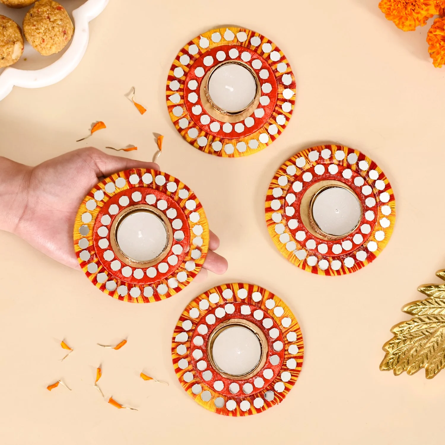 Tealight Candle Holders With Thread And Mirrorwork Set Of 4 - Image 2