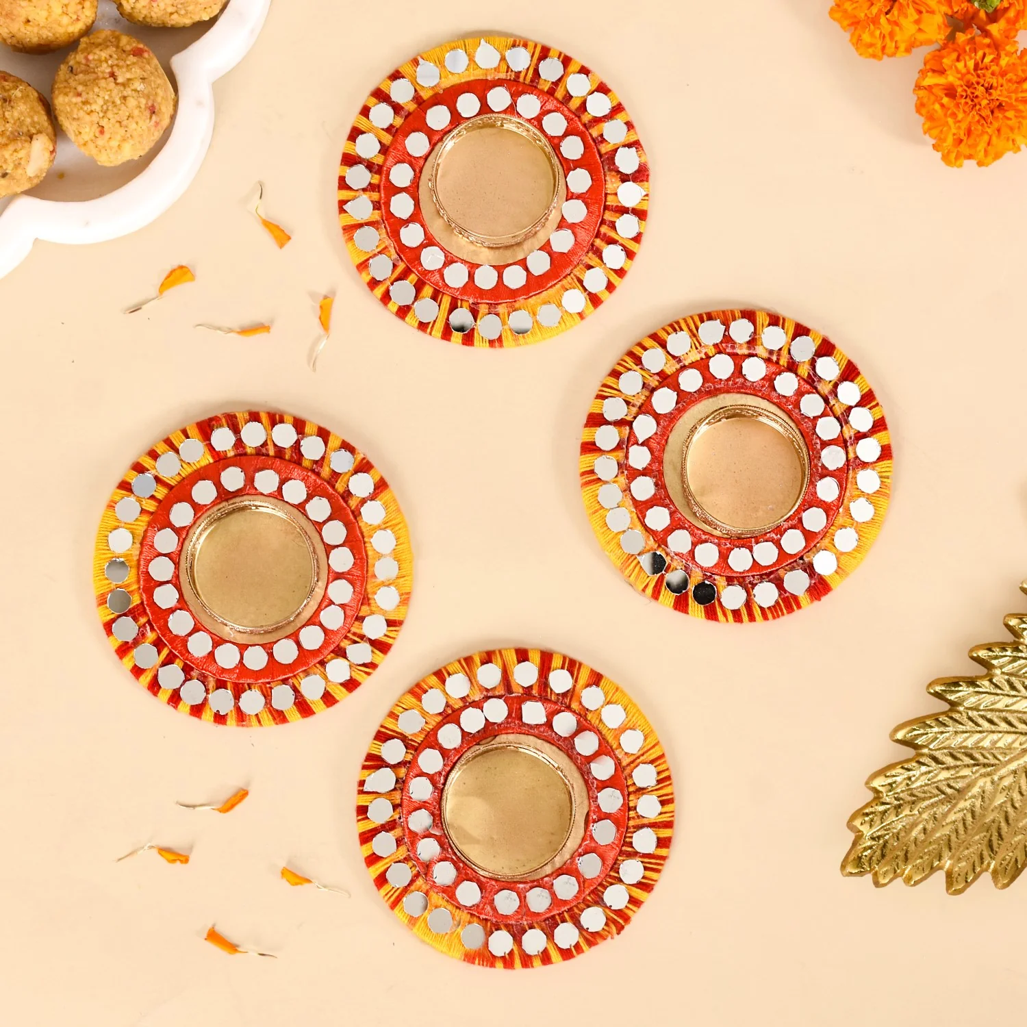 Tealight Candle Holders With Thread And Mirrorwork Set Of 4 - Image 3