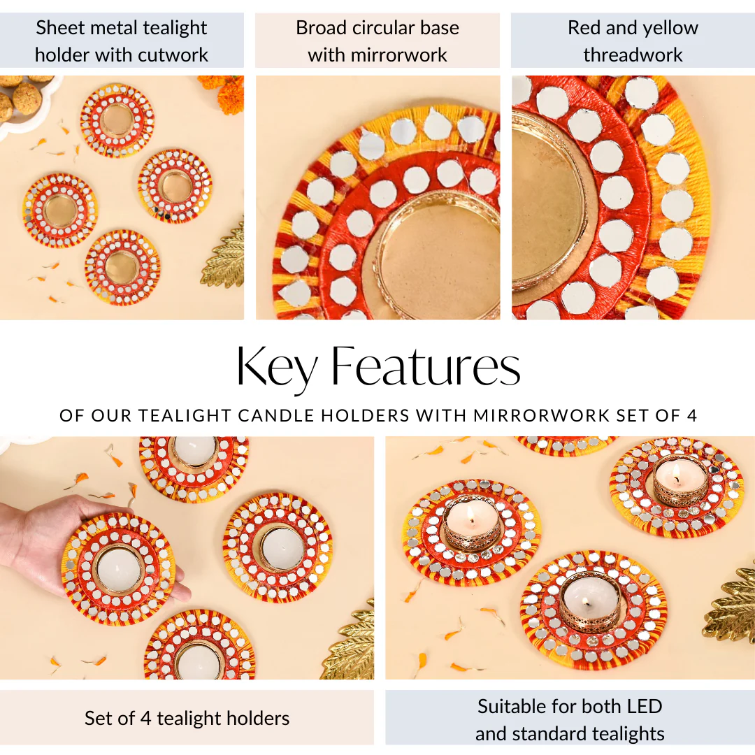 Tealight Candle Holders With Thread And Mirrorwork Set Of 4 - Image 5