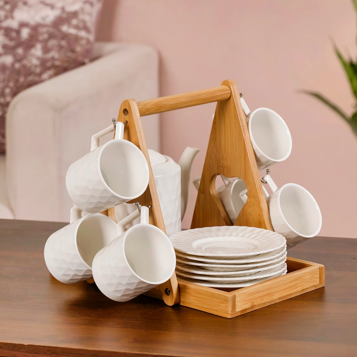 Teardrop Textured Ceramic Tea Set For 6 With Stand - Image 3