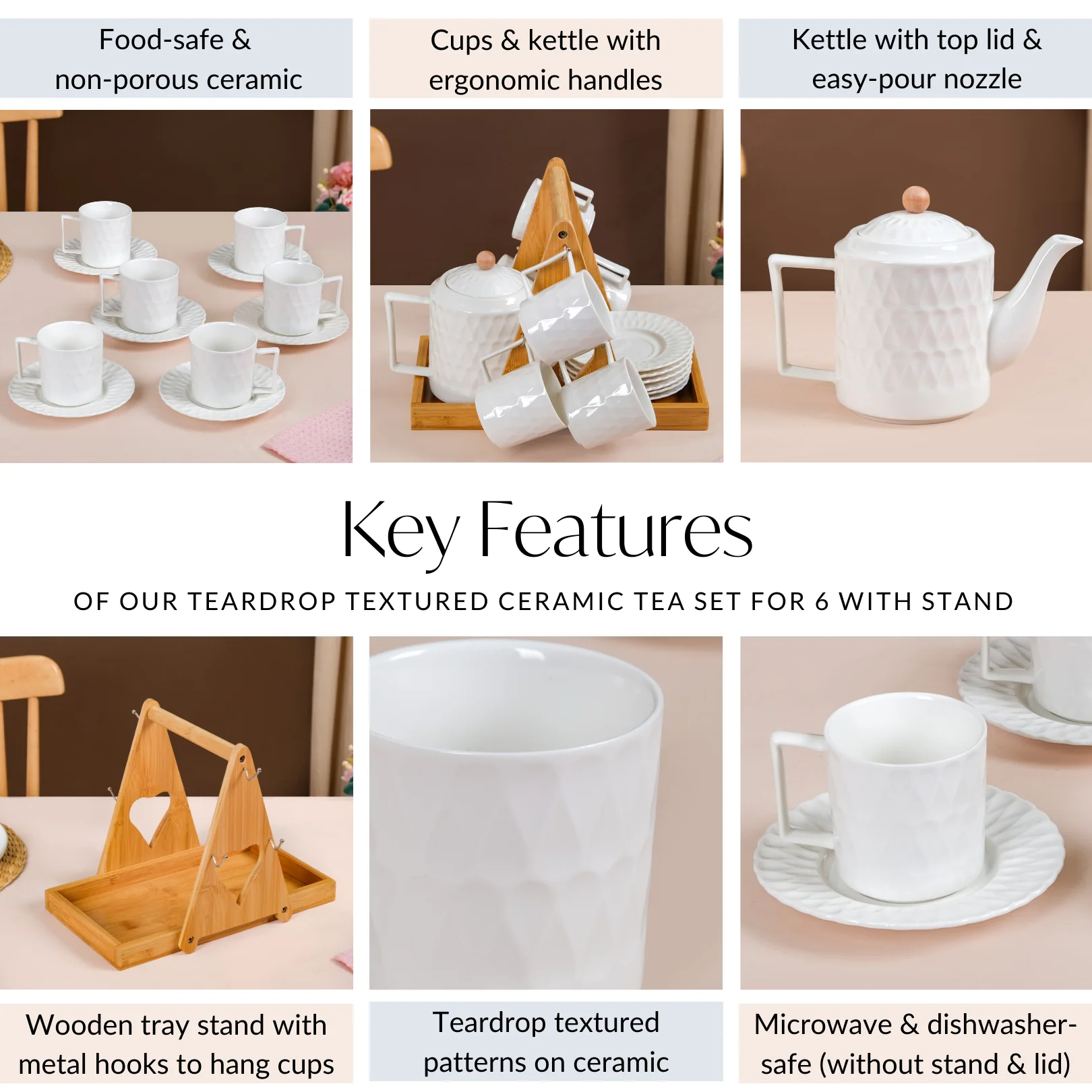Teardrop Textured Ceramic Tea Set For 6 With Stand - Image 5