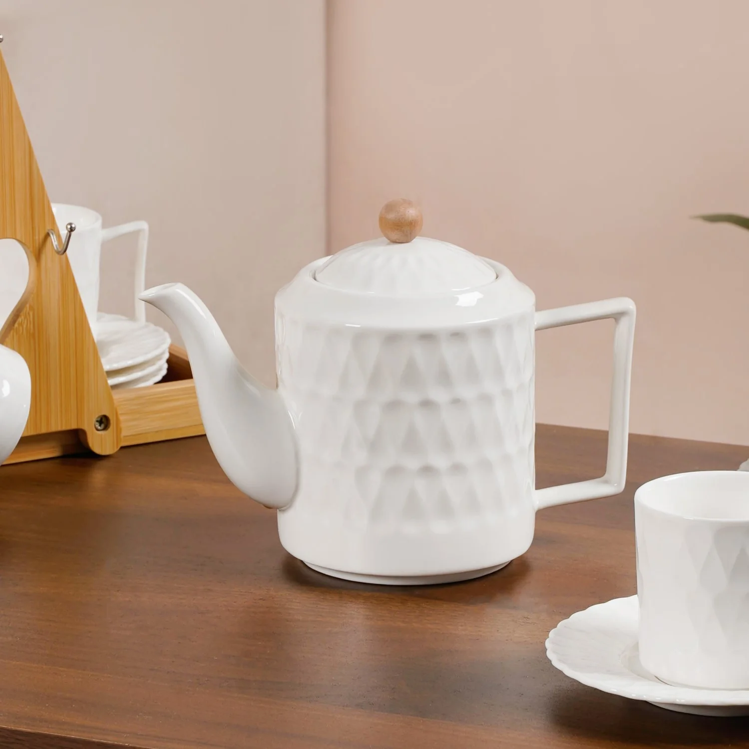 Teardrop Textured Ceramic Tea Set For 6 With Stand - Image 8