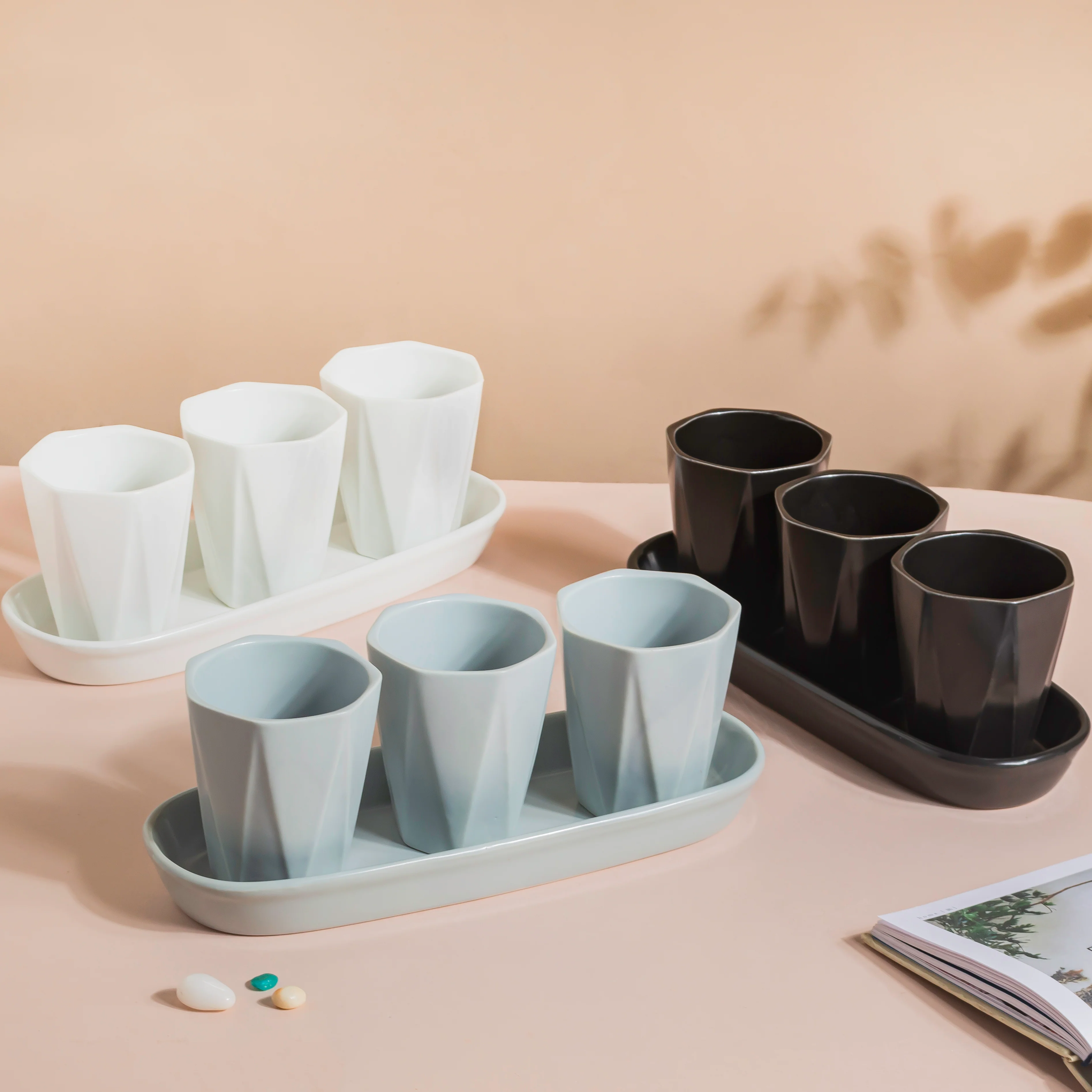 Ternion Textured Planter Set Of 3 With Plate Blue Grey - Image 10