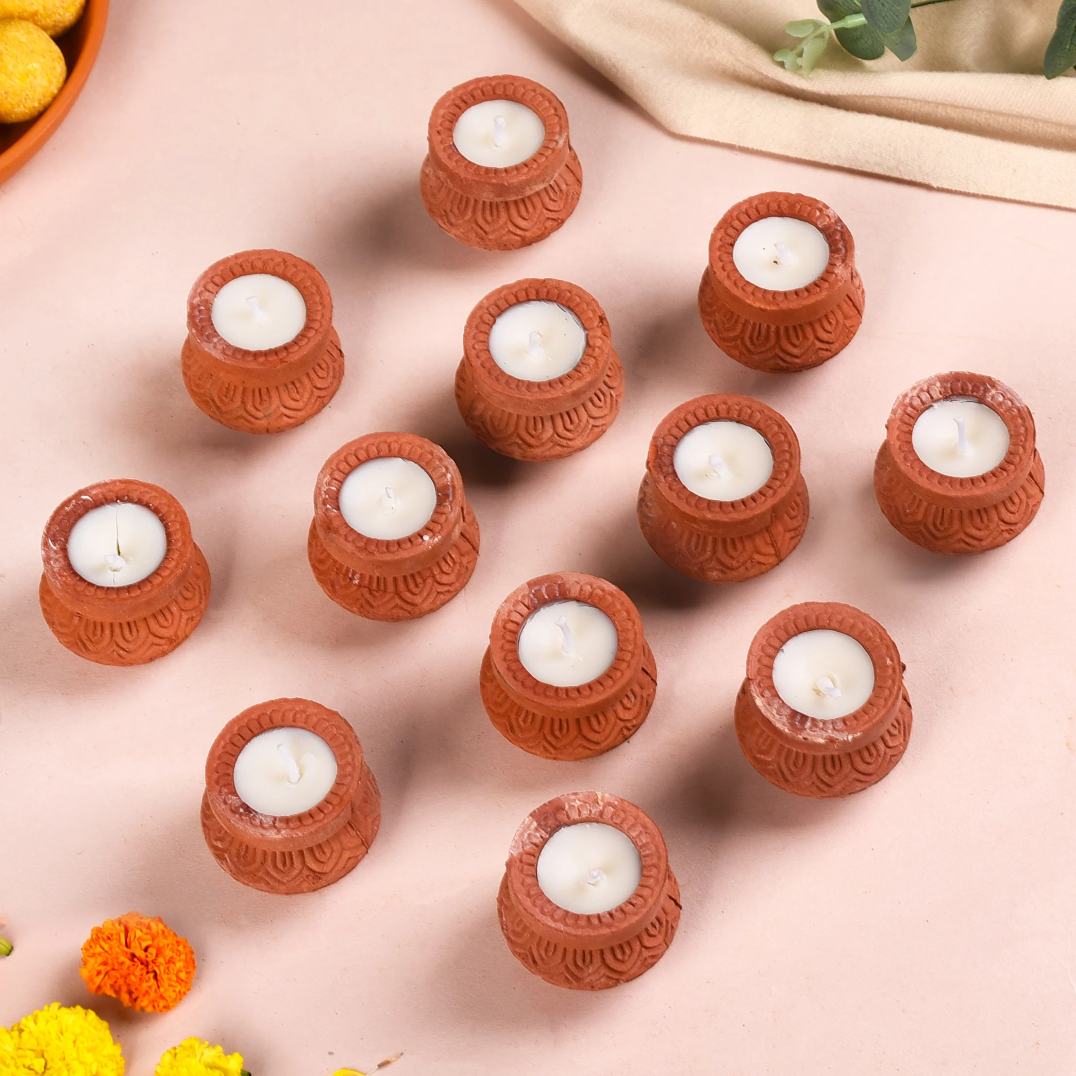 Terracotta Matki Engraved Diyas With Wax Set Of 24 - Image 8