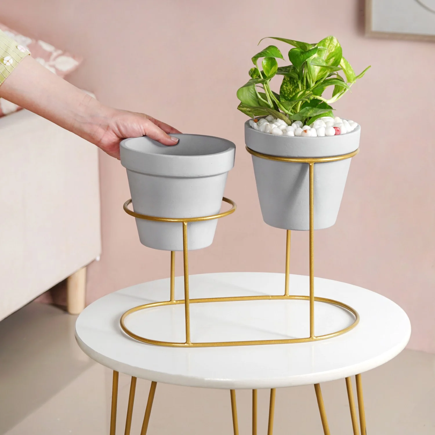 TerraDuo Grey Planters Pair With Gold Stand - Image 2