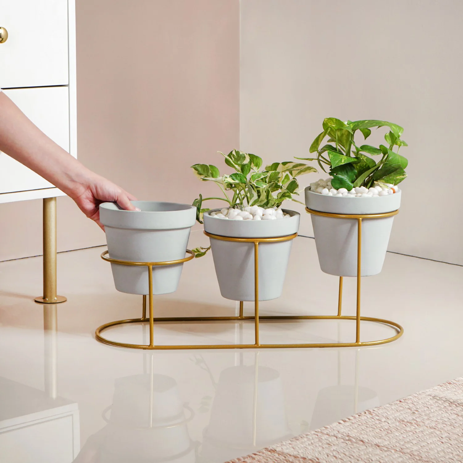TerraGold Triple Planter With Gold Metal Stand - Image 2