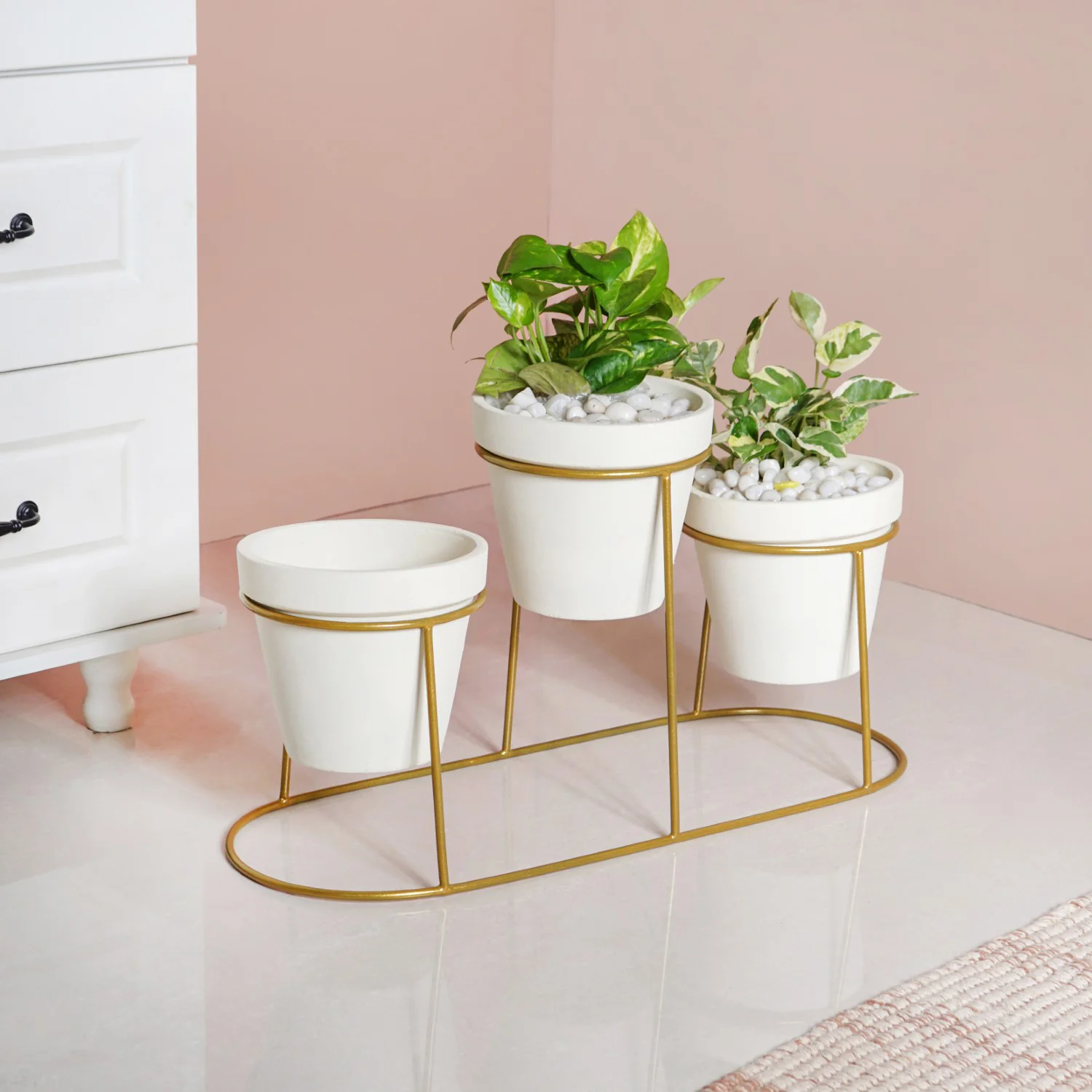 TerraTier Gold Stand With Three White Planters Off White - Image 2