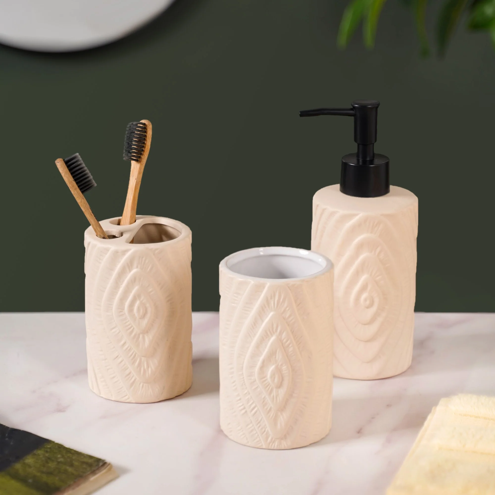 Textured Bathroom Accessories Set Of 3 Beige