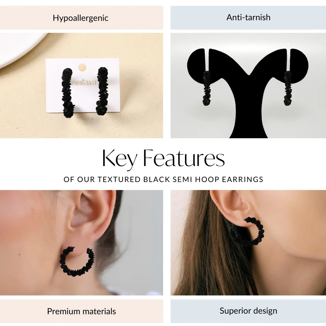 Textured Black Semi Hoop Earrings - Image 5