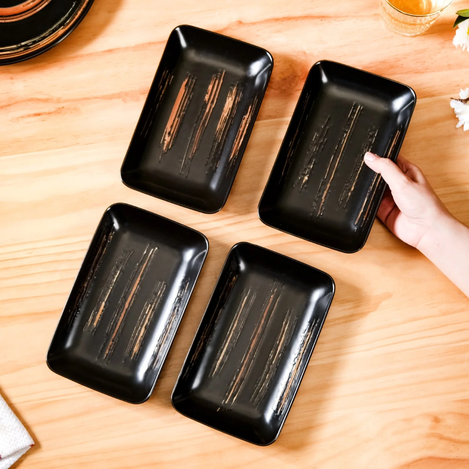 Textured Brushstroke Exotic Platter Small Black Set Of 4 8 Inch - Image 2
