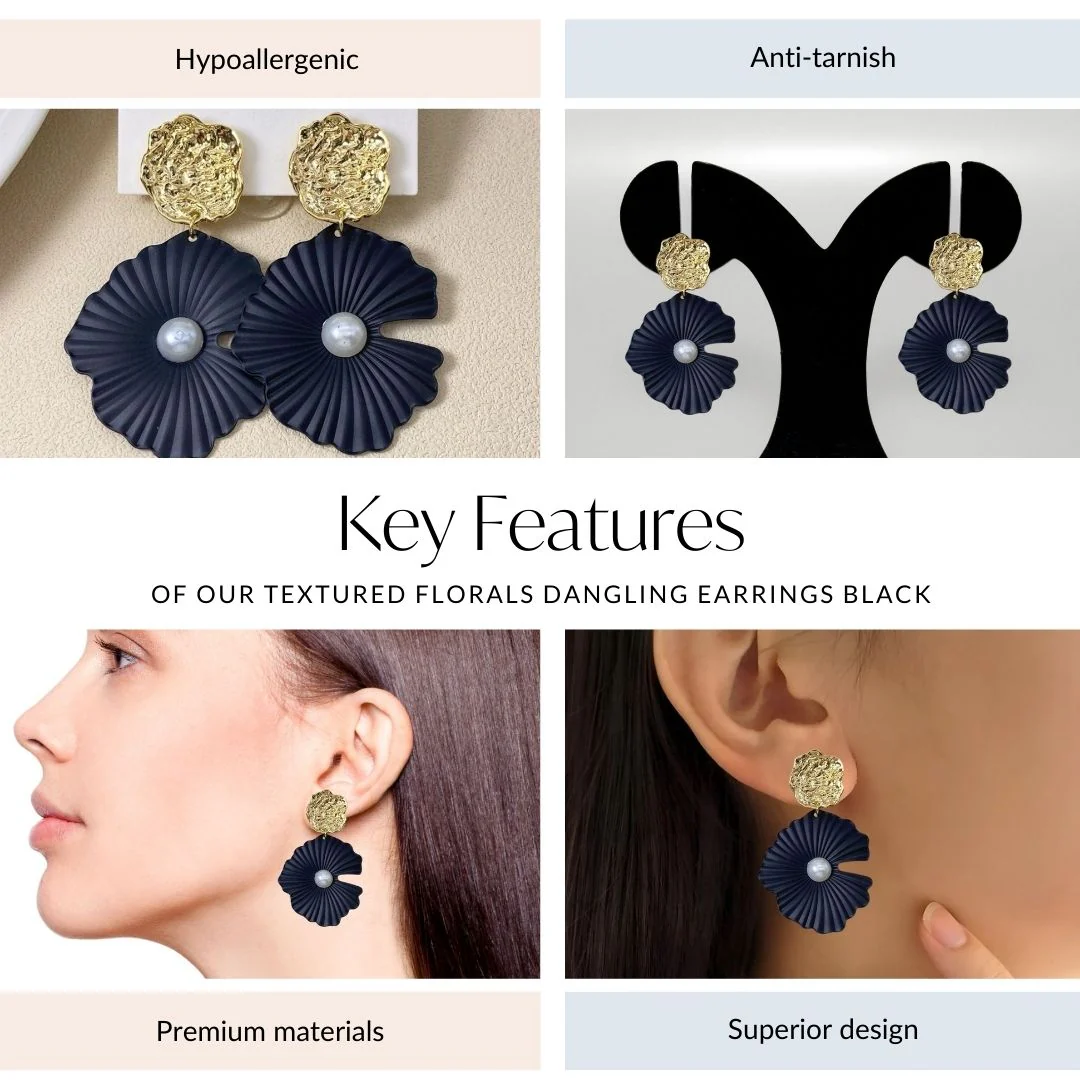 Textured Florals Dangling Earrings Black - Image 4
