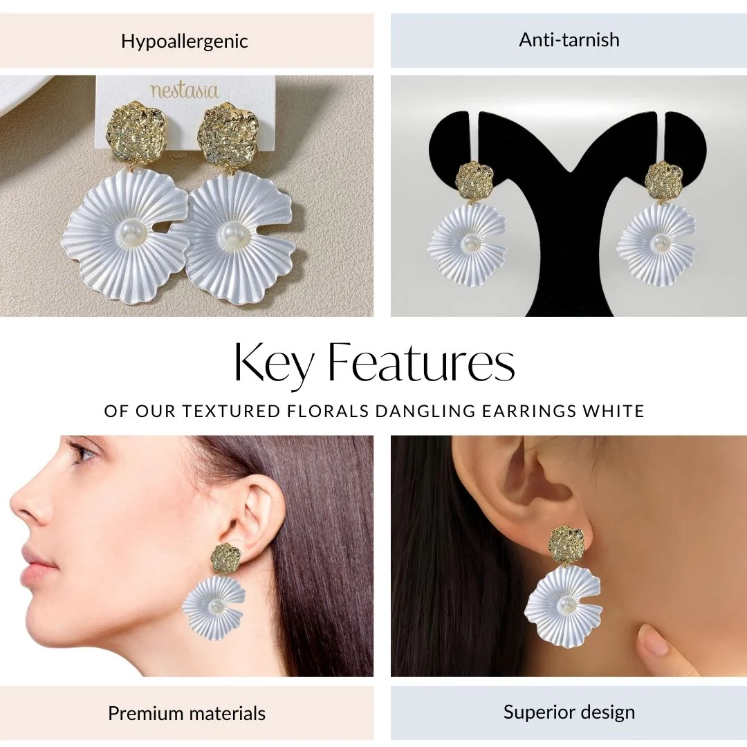 Textured Florals Dangling Earrings White - Image 4
