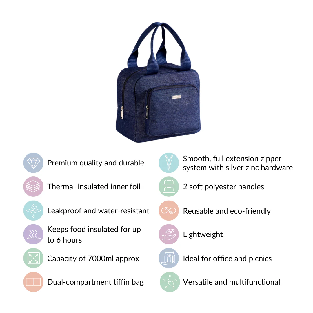 Thermal Insulated Denim Lunch Bag Dark Blue - Image 5