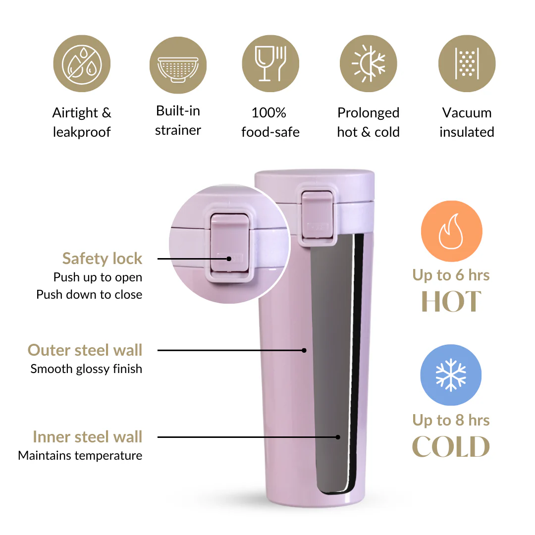 Thermox Vacuum Insulated Water Bottle With Strainer Lilac Mist 450ml - Image 6