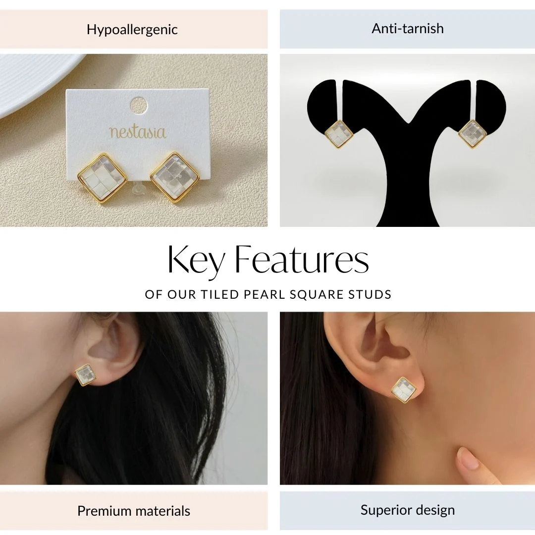 Tiled Pearl Square Studs - Image 4