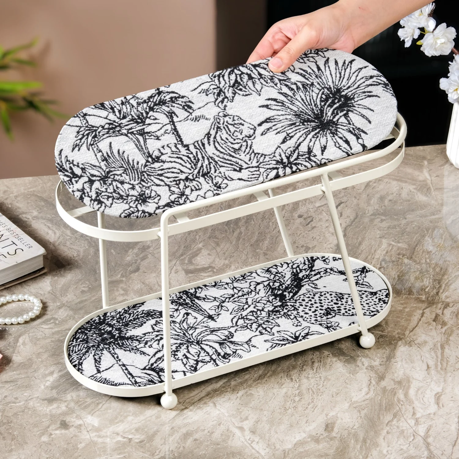 Toile De Jouy Vanity Storage Display 2 Storey Tray White - Image 4