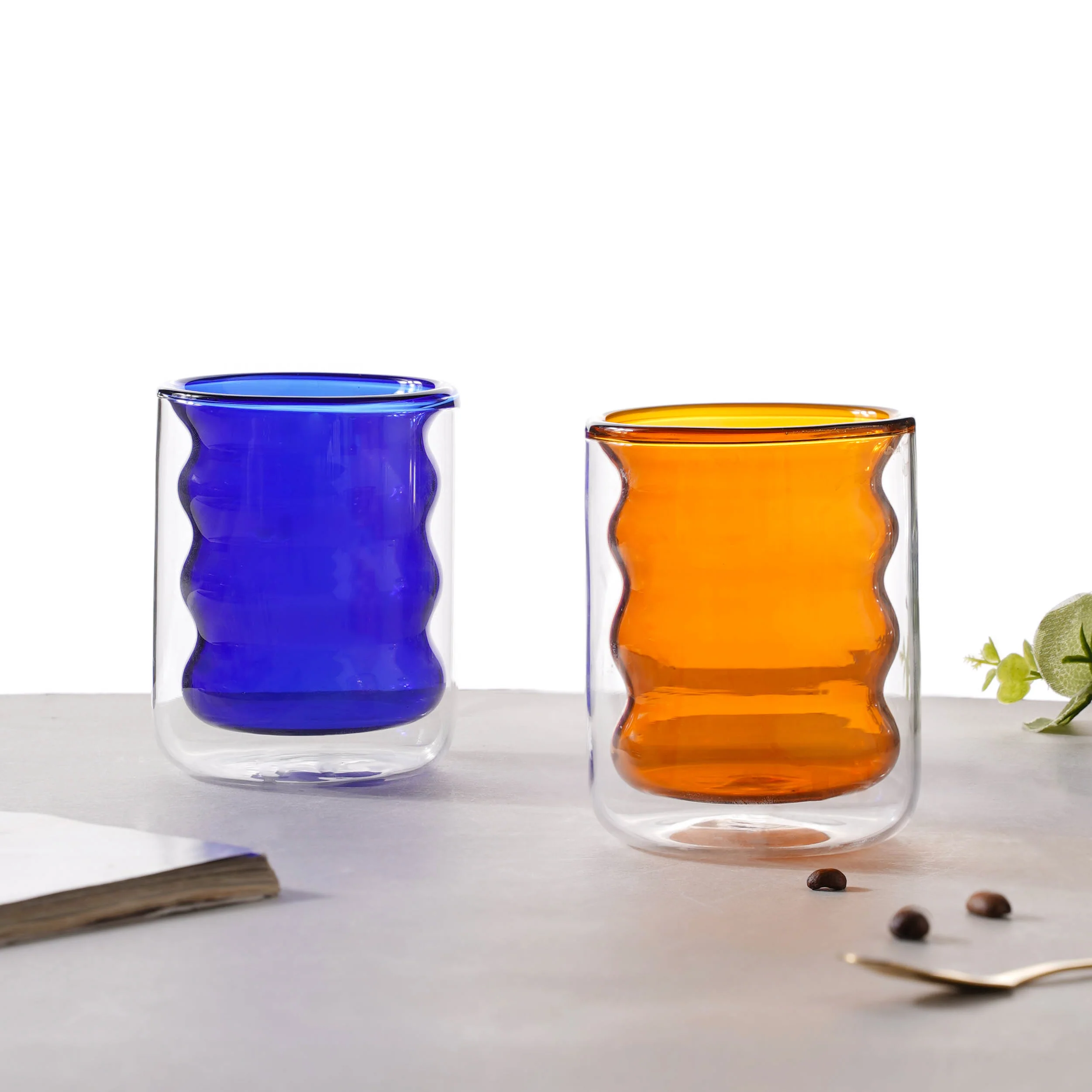 Transparent Double Walled Glass Ripple Tumbler Blue - Image 6