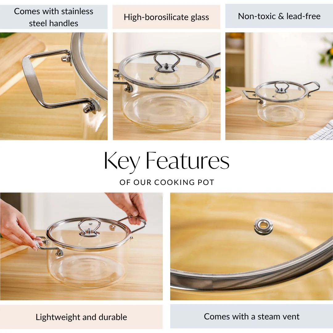 Transparent Glass Cooking Pot With Stainless Steel Grip Handles 2500ml - Image 4