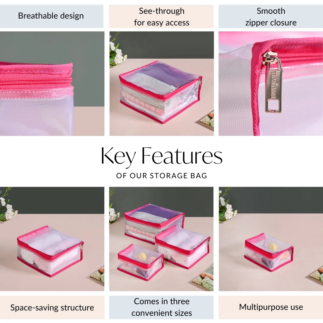 Travel Organiser Storage Bags In Pink Set Of 3 - Image 5