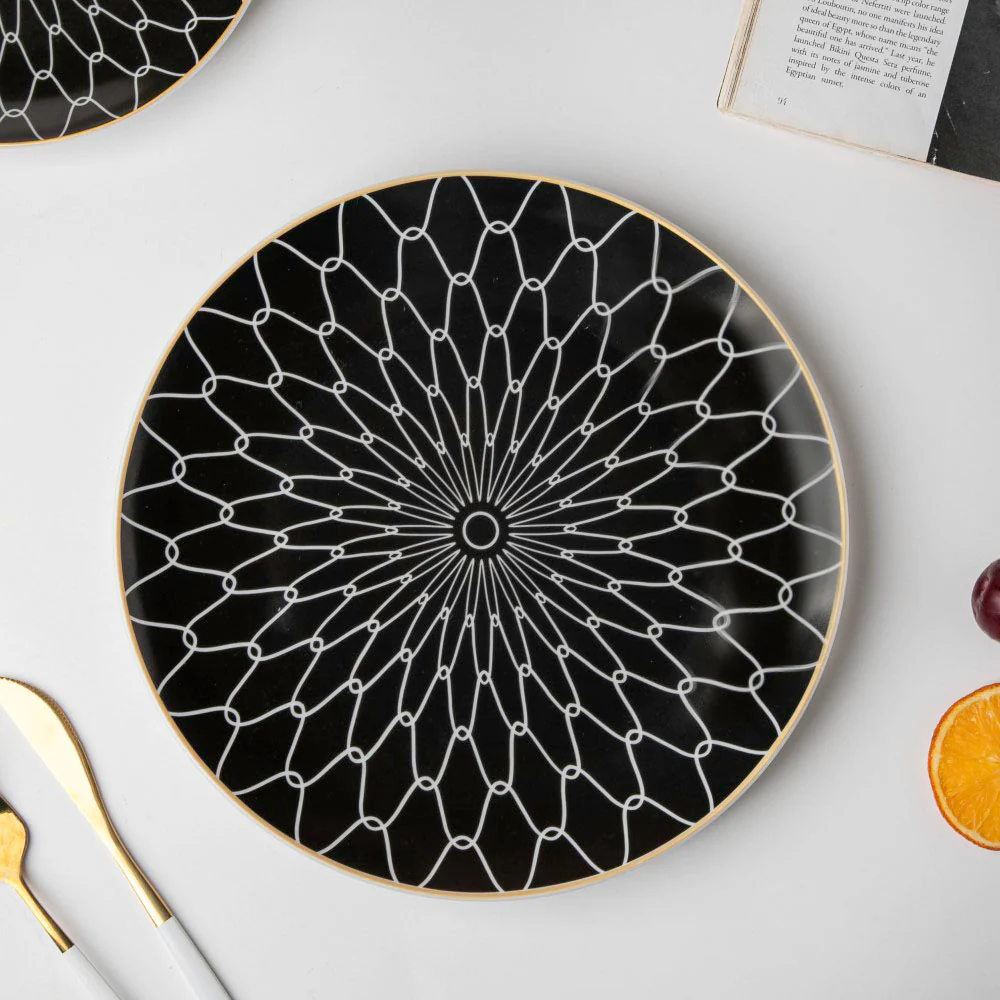 Trellis Gloss Ceramic Dinner Plate Black White Rim 10 Inch