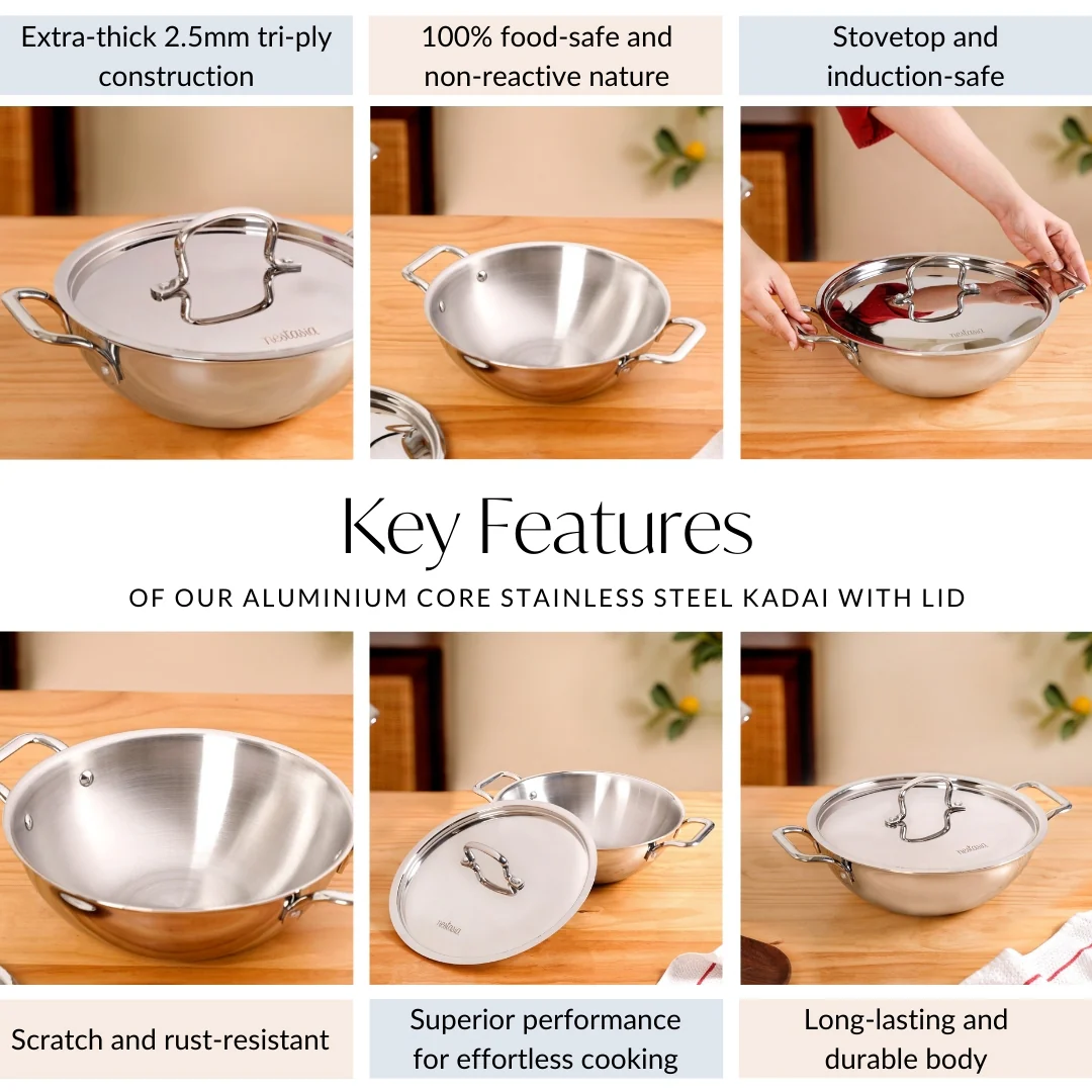 Tri Ply Stainless Steel Kadai Wok With Lid 3500ml - Image 6