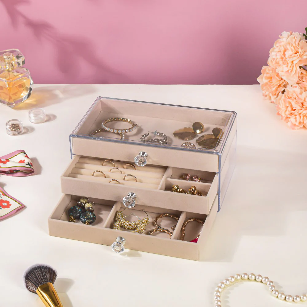 Triple Drawer Jewellery Organiser Cream - Image 10