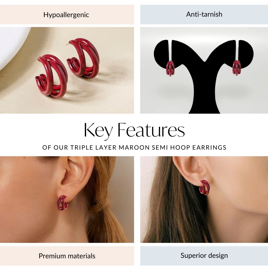 Triple Layer Maroon Semi Hoop Earrings - Image 4