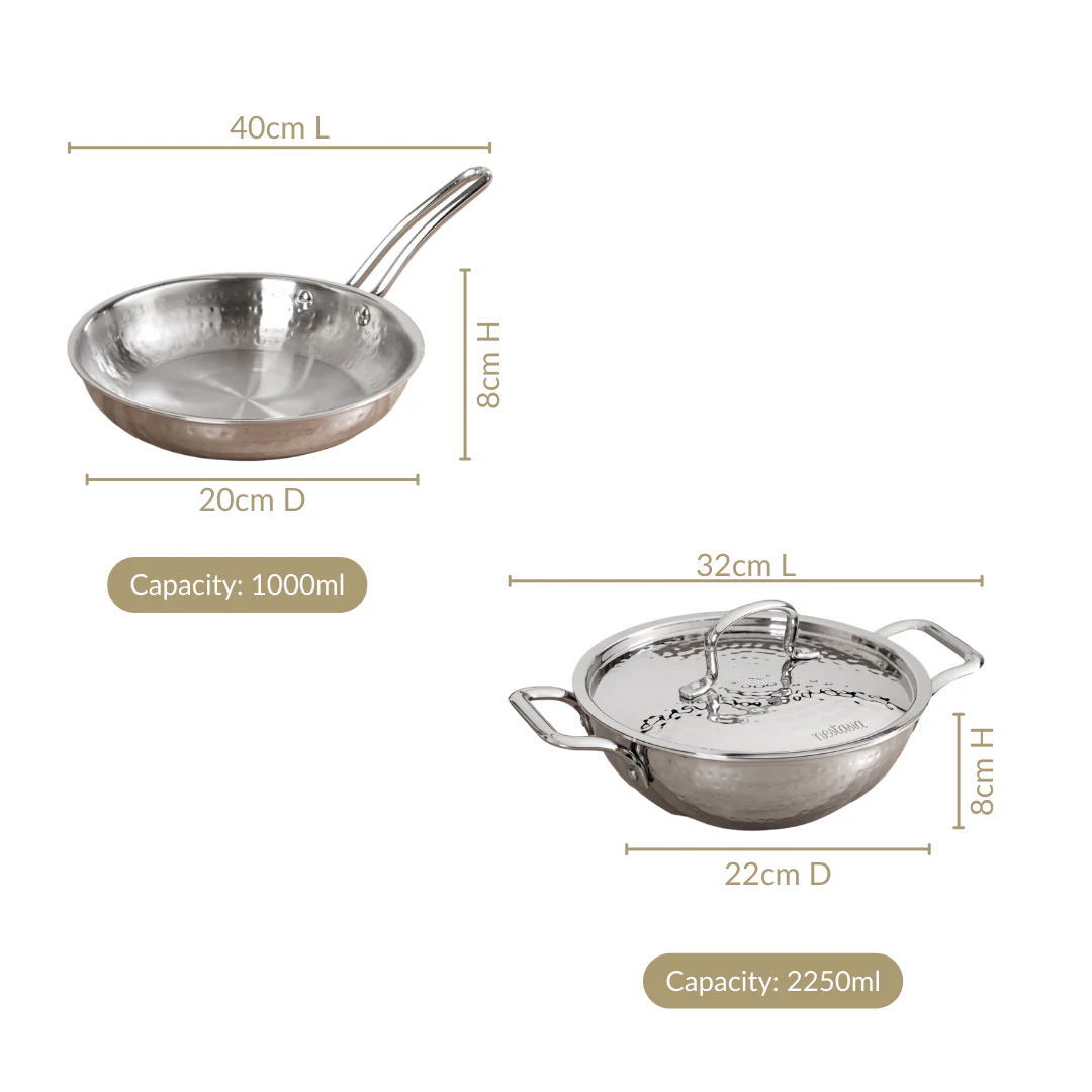 Triply Hammered Stainless Steel Cookware Set With Frying Pan And Kadai With Lid - Image 4