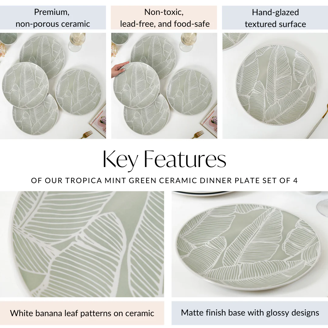Tropica Banana Leaf Embossed Dinner Plate Set Of 4 Mint 10 Inch - Image 5