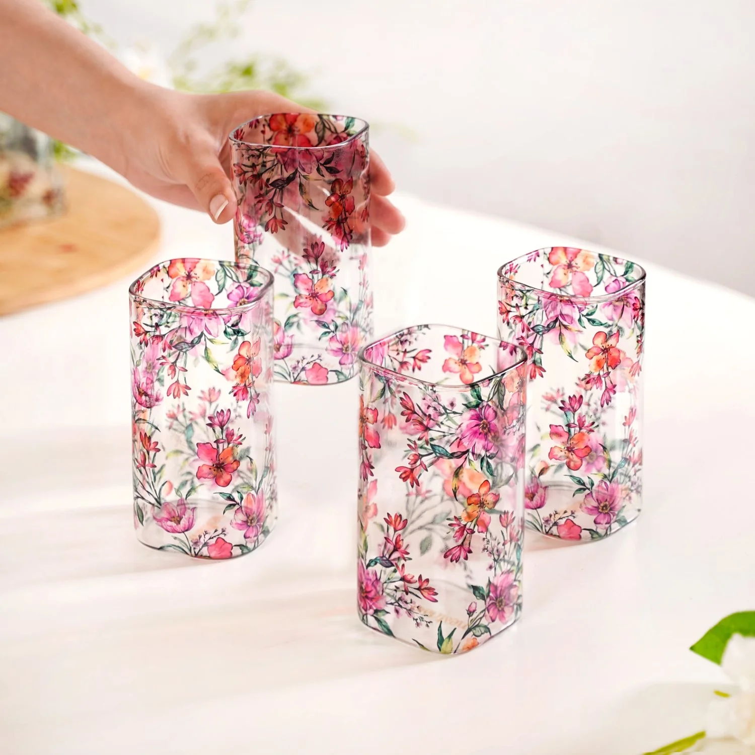 Tropical Hibiscus Borosilicate Glass Cocktail Tumblers Set Of 4 340ml - Image 2