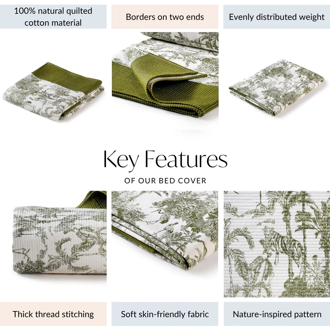 Tropical Quilted Cotton Bedcover Olive Green 250x220cm - Image 4