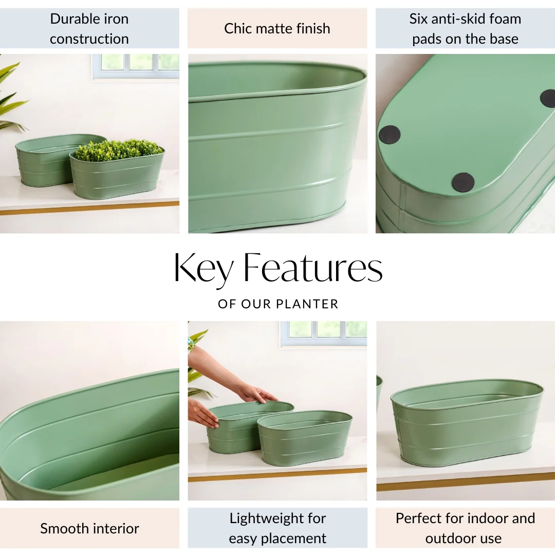 Trough Lined Oval Metal Planter Set Of 2 Sage Green - Image 5