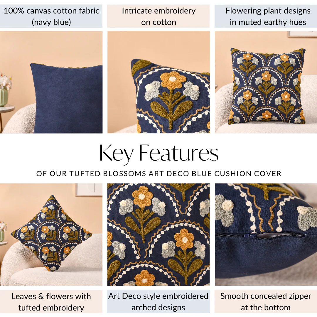 Tufted Blossoms Art Deco Blue Cushion Cover 40x40cm - Image 5