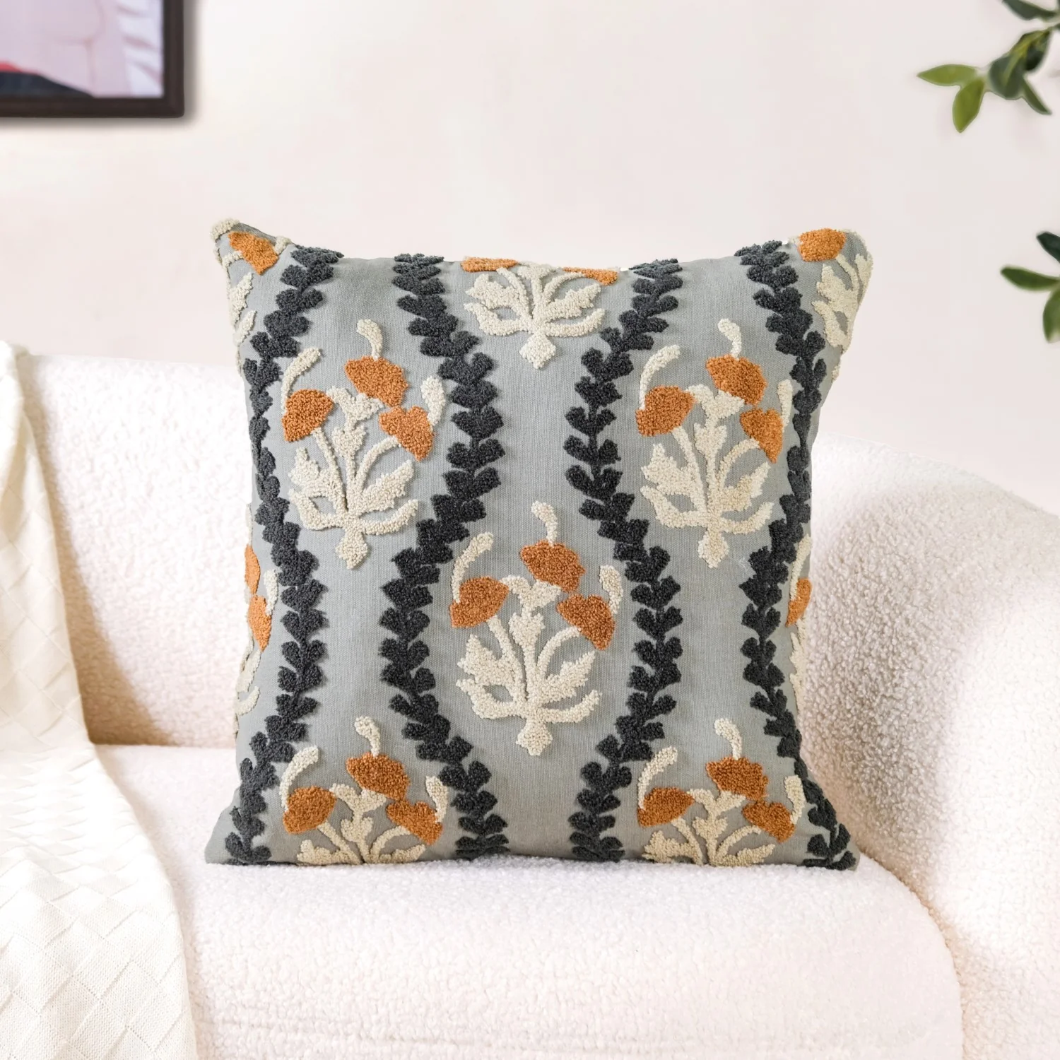Tufted Embroidery Botanical Linen Cushion Cover 16x16 Inch