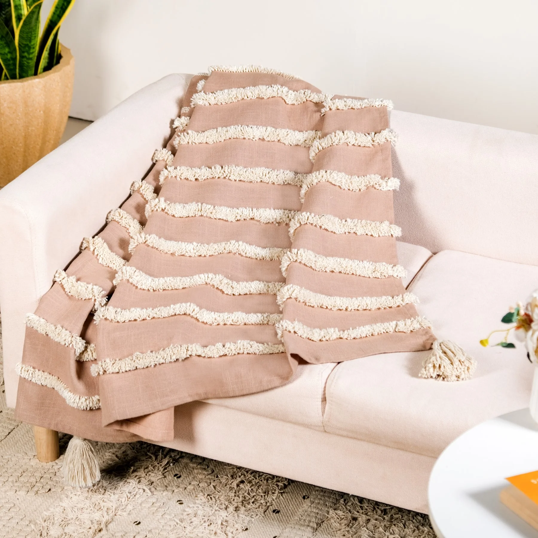Tufted Stripes Throw Blanket Taupe Brown - Image 2