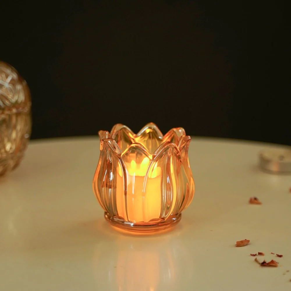 Tulip Glass Tea Light Candle Holder Amber - Image 3