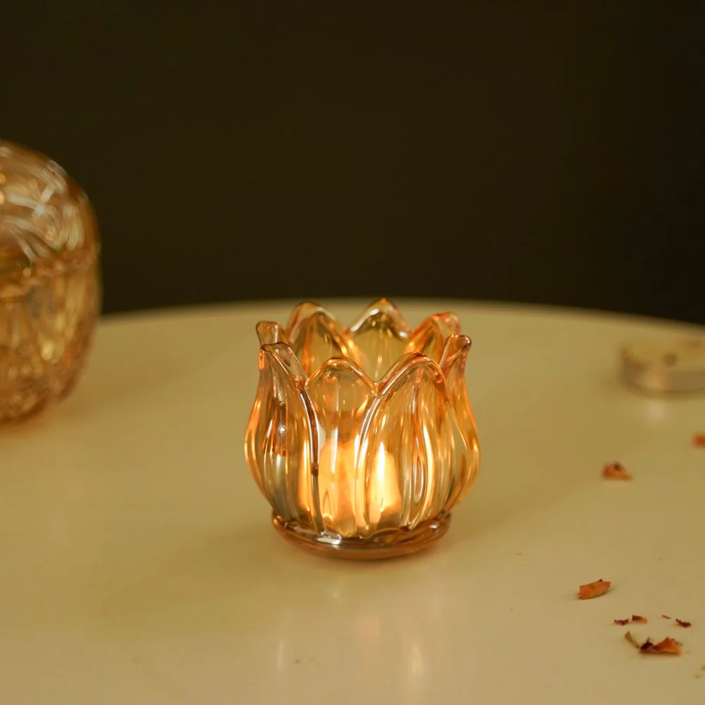 Tulip Glass Tea Light Candle Holder Amber - Image 4