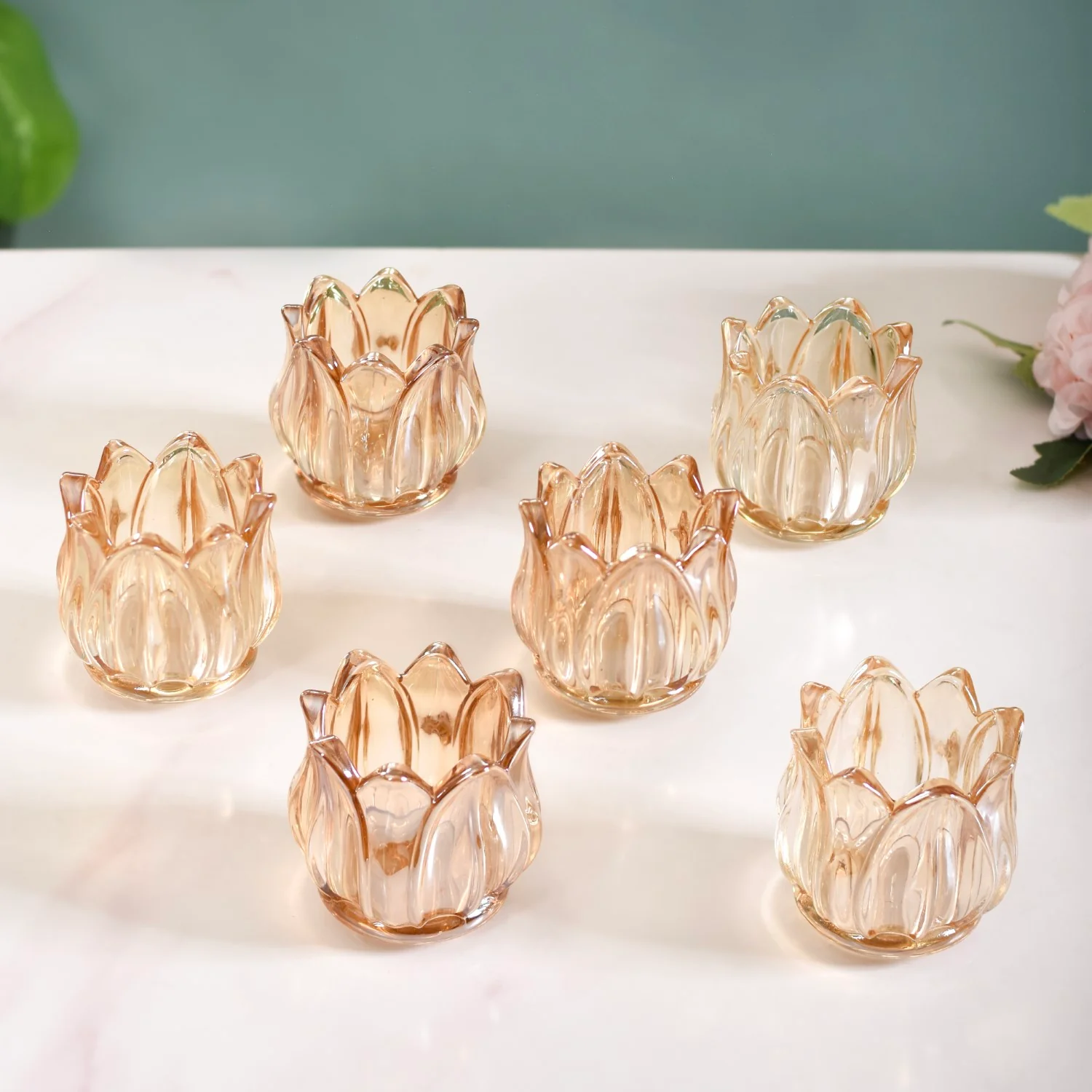 Tulip Glass Tea Light Candle Holder Amber Set Of 6 - Image 2