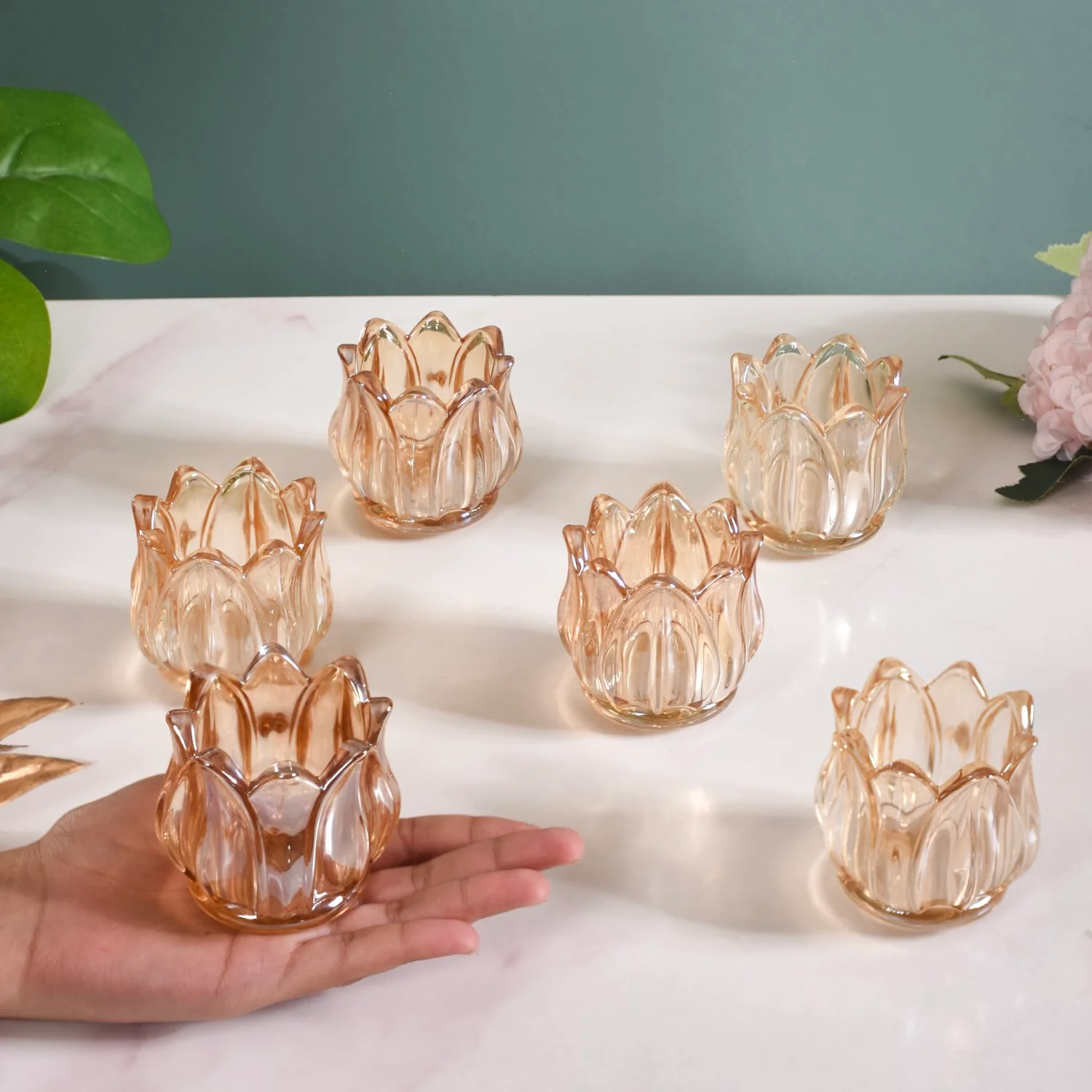 Tulip Glass Tea Light Candle Holder Amber Set Of 6 - Image 3