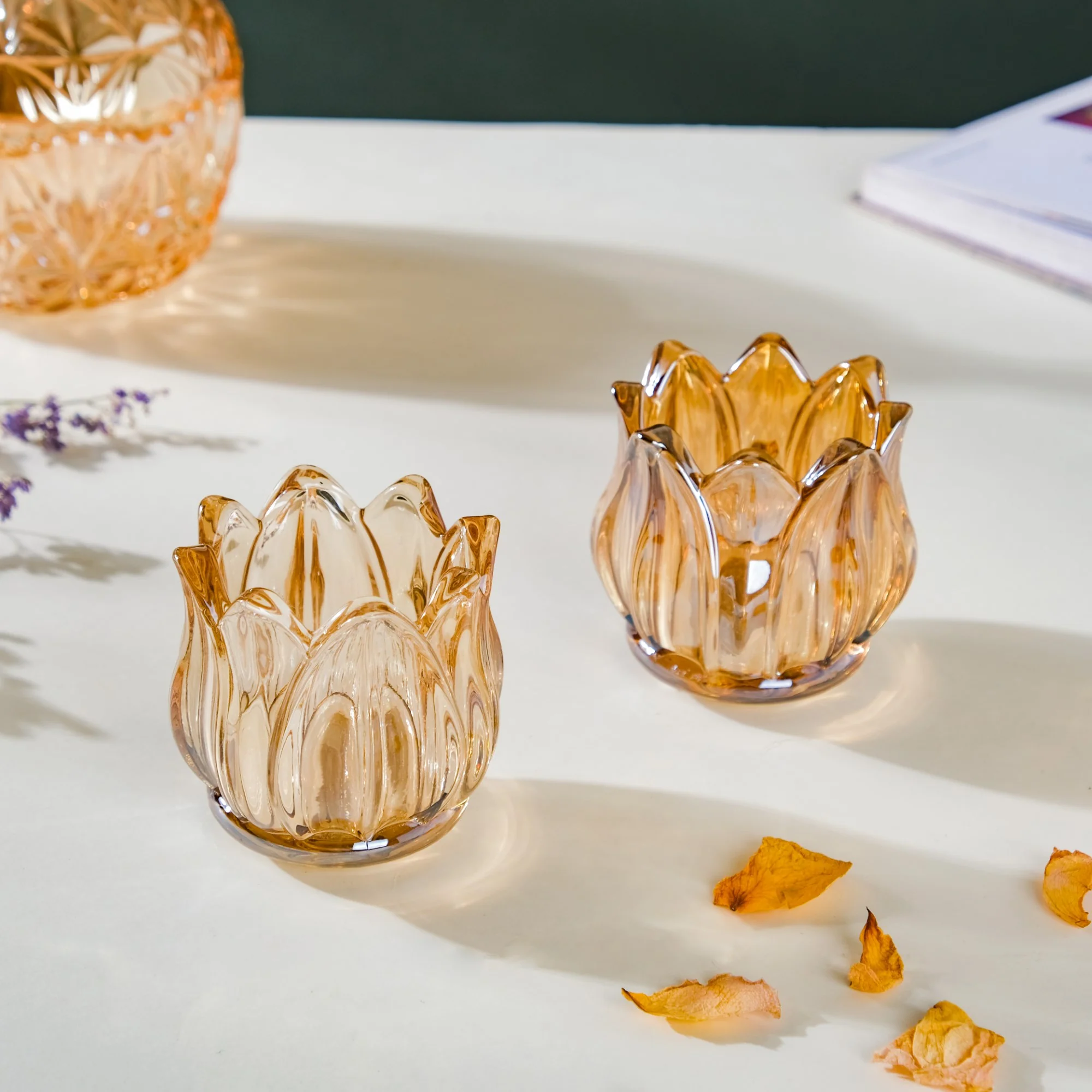 Tulip Glass Tea Light Candle Holder Amber Set Of 6 - Image 4