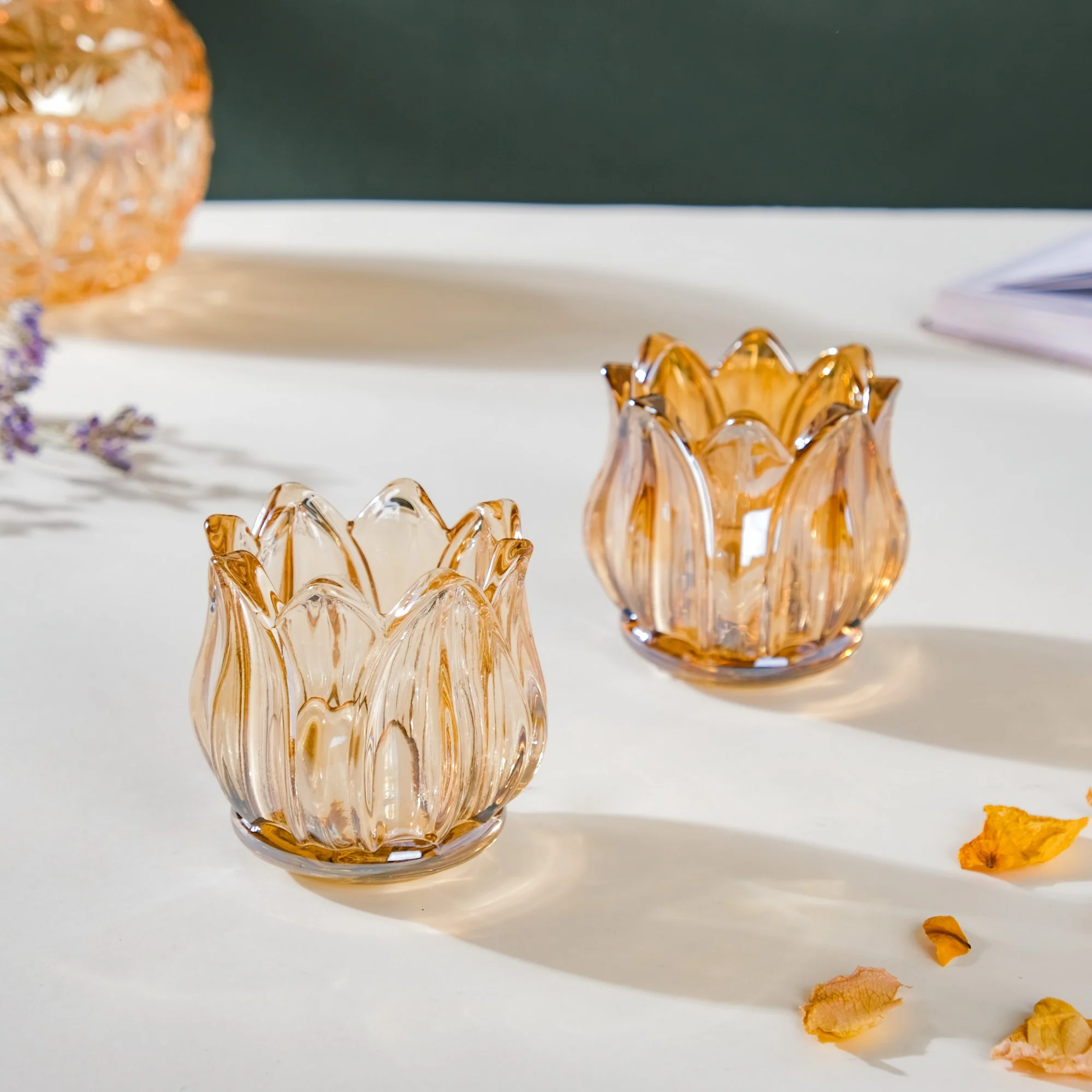 Tulip Glass Tea Light Candle Holder Amber Set Of 6 - Image 7